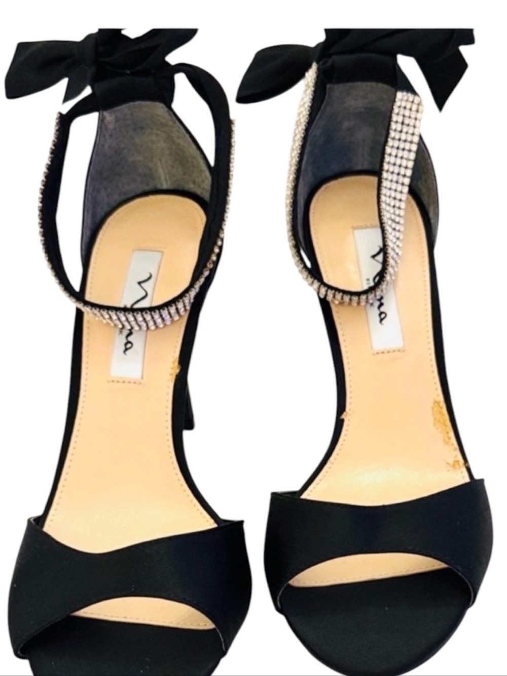 Nina Black Satin Rhinestone Strap Bow Tie Back Heels Size 8 1/2 - Picture 6 of 11